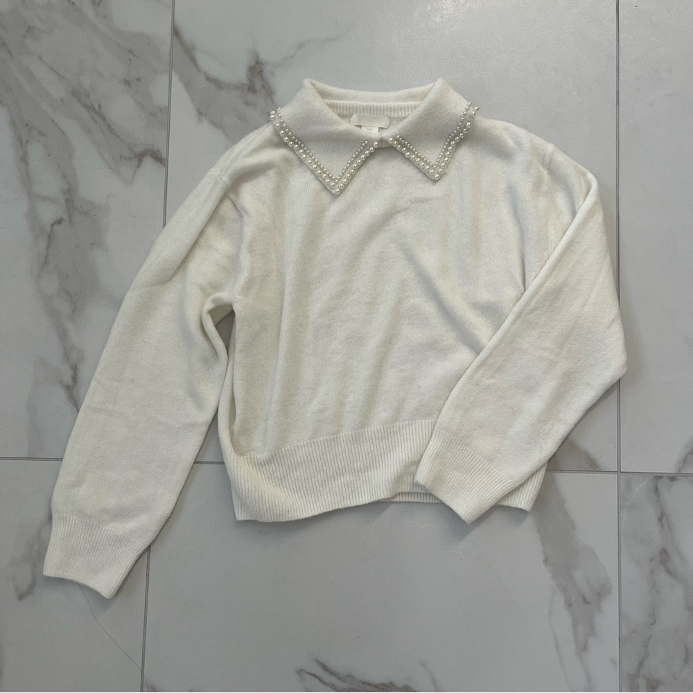 H&M White Sweater with Pearl Collar